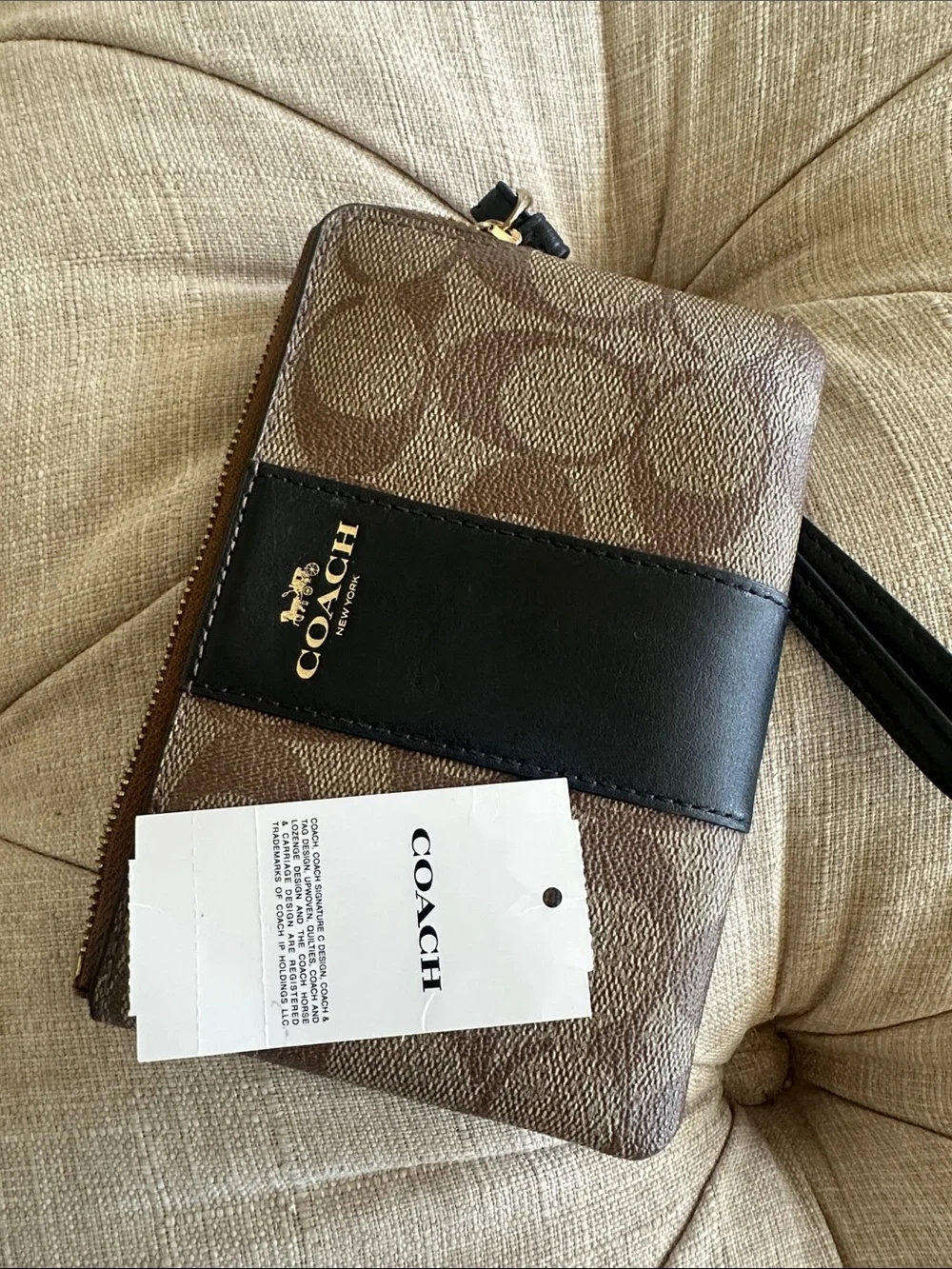 Coach Brown Signature Canvas Wristlet with Black Leather Accent